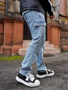 Artur Kramer 男士时尚休闲水洗修身工装牛仔裤、工装裤 - 霧霾藍 - 查看 4