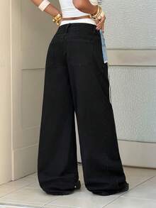 StreetHx Women's Fashion Casual Sports Punk Event Loose Wide-Leg Jeans - Black - View 2