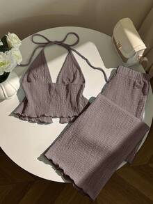 Elamini Women's Textured Pleated Halter Top And Loose Wide Leg Pants Set Comfortable Two Piece Set - Grey - View 2