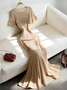 Breezaya 新款春夏欧美风性感修身腰部休闲度假日常户外女士浪漫海滩派对晚宴海边聚会2026女式时尚针织米色毛衣连衣裙，镂空慵懒舒适 - 卡其色 - 查看 5