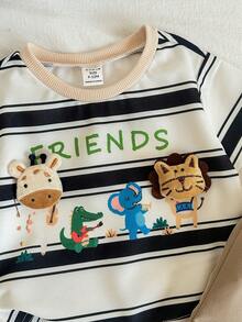 SHEIN 2pcs/Set Baby Boy Cute Cartoon Character Striped Short Sleeve T-Shirt And Khaki Casual Shorts Set, Summer - Multicolor - View 4