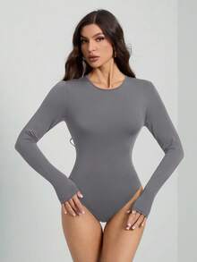SHEIN Tall 女款灰色長袖連身衣，夏季基礎日常修身純色T恤連身衣，女裝，適合高個子女性 - 灰色 - 查看 7