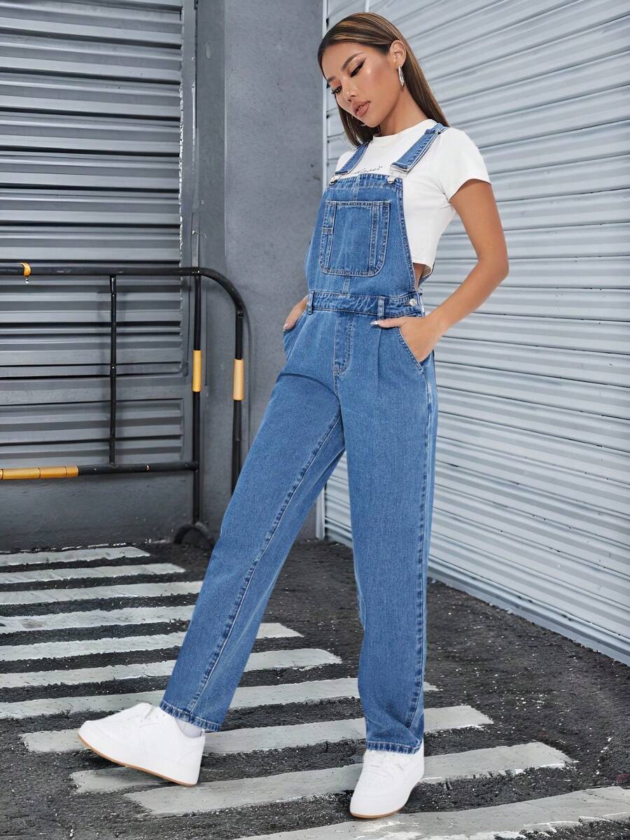 SHEIN Women's Fashion Casual Everyday Commute Denim Bib Pants With Side Pockets - Medium Wash - View 1