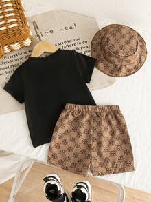 Souflis Souflis 3件套男婴幼儿套装 - 复古花卉印花拼接上衣、裤子和帽子套装，休闲百搭，适合夏季外出、度假和各种场合 - 黑色 - 查看 2