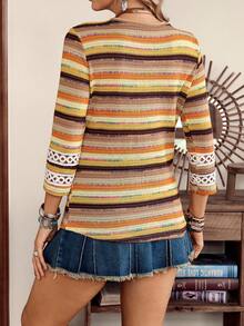 LanaWest Women's Western Casual Jacquard Rainbow Stripe Cuff Lace Trim T-Shirt - Orange - View 2