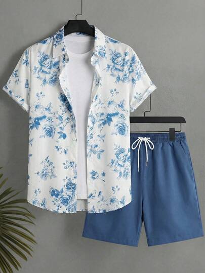 Manfinity Swimmode Conjunto de camisa y pantalones cortos casuales de vacaciones con estampado floral para hombres, conjunto de 2 piezas de flores para hombres en verano