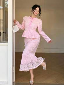 DAZY 2pcs/Set Fitted Long Sleeve Top And High Waist Bodycon Skirt Suit, Fashionable Women Outfit - Pink - View 9