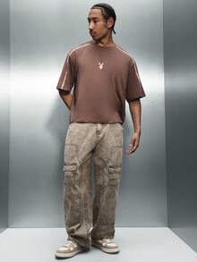 PLAYBOY X SUMWON Oval Logo Crew Neck Short Sleeve Regular Fit Cotton T-Shirt With Contrast Piping Details - Brown - View 3