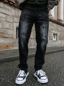 Artur Kramer Men's Button Front Pocket Elastic Distressed Denim Jeans, Emo Style, Grunge - Black - View 4