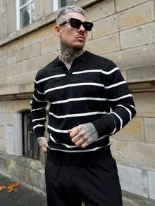 Artur Kramer Men Long Sleeve Striped Airplane Collar Knit Sweater , Fall Winter, Grunge Style - Black - View 1