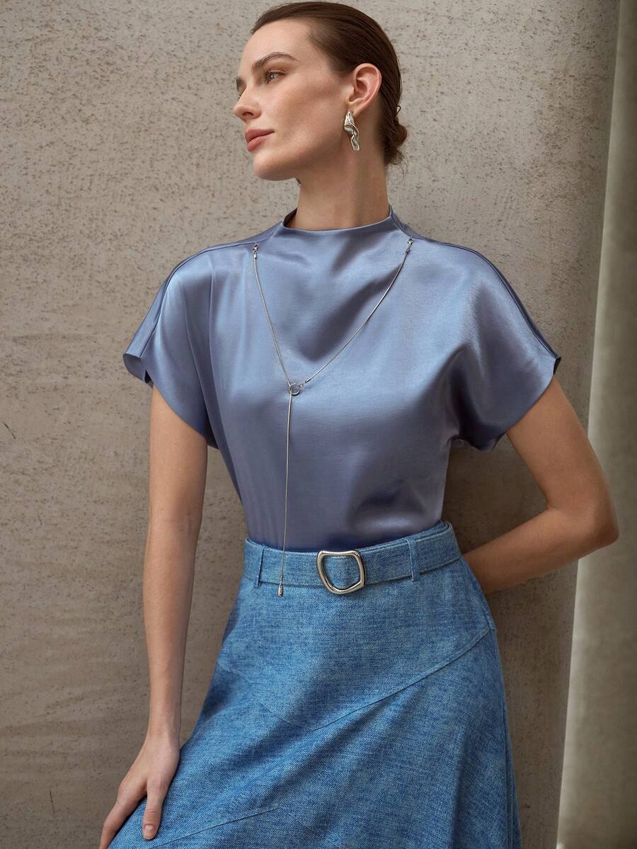 MOTF PREMIUM BLUSA DE MUJER DE MANGA CORTA TIPO MURCIÉLAGO CON CUELLO DE EMBUDO, PRIMAVERA/VERANO - Azul - Ver 1