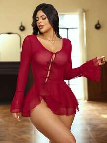 SHEIN Set de 2 vestidos con cuello en V sexy, volantes, manga larga, abertura y botones frontales para mujeres - Burdeos - Ver 4