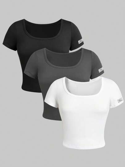 Girlism 3pcs/Set Teen Girls' Basic Casual U-Neck Knit Short T-Shirts In Black, White, Dark Grey, Buy 1 Get 2 Free