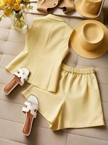 GlowEve Women's Yellow Elegant Office Short Sleeve Suit Set - Light Yellow - View 2
