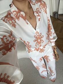 DAZY Women's Casual Retro Print Lantern Sleeve Shirt & Wide Leg Pants 2 Pieces Set, Spring/Summer - Orange - View 4