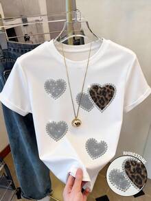 Resyla 豹纹爱心图案镶钻休闲女式短袖圆领T恤，送朋友的礼物 - 白色 - 查看 1