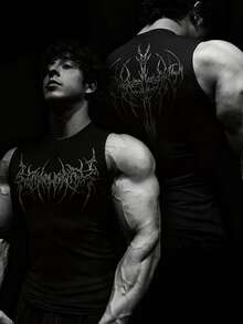 GymBeat Men's Gothic Print Round Neck Casual Fitness Workout Tank Top - Black - View 1