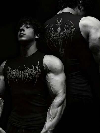 Manfinity Sport PWRUP Camiseta de tirantes casual de cuello redondo con estampado gótico para hombre, para fitness y entrenamiento