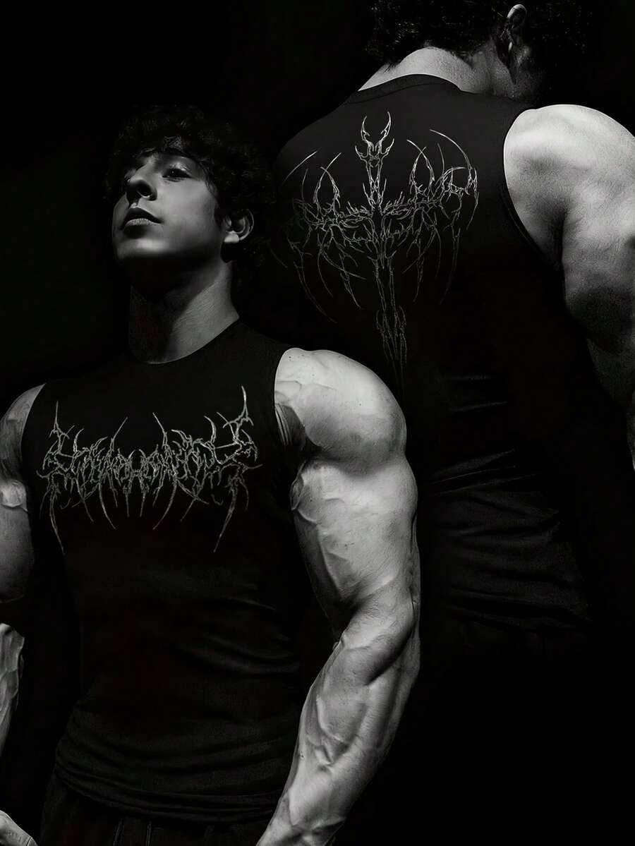 GymBeat Men's Gothic Print Round Neck Casual Fitness Workout Tank Top - Black - View 1
