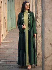 Layrah 女士优雅深绿色菱形图案长袖长袍 - 墨綠色 - 查看 4