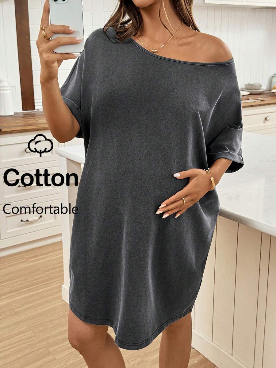 SHEIN 孕婦純色露肩休閒寬鬆日常穿著短袖洋裝 - 黑色 - 查看 1