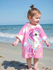 SHEIN 女婴可爱休闲粉色卡通图案连帽宽松泳衣罩衫 - 彩色 - 查看 1