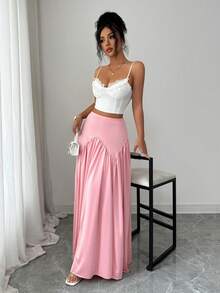 Selianne Women's Solid Color High Waist A-Line Pleated Midi Skirt, Elegant & Romantic - Coral Pink - View 6