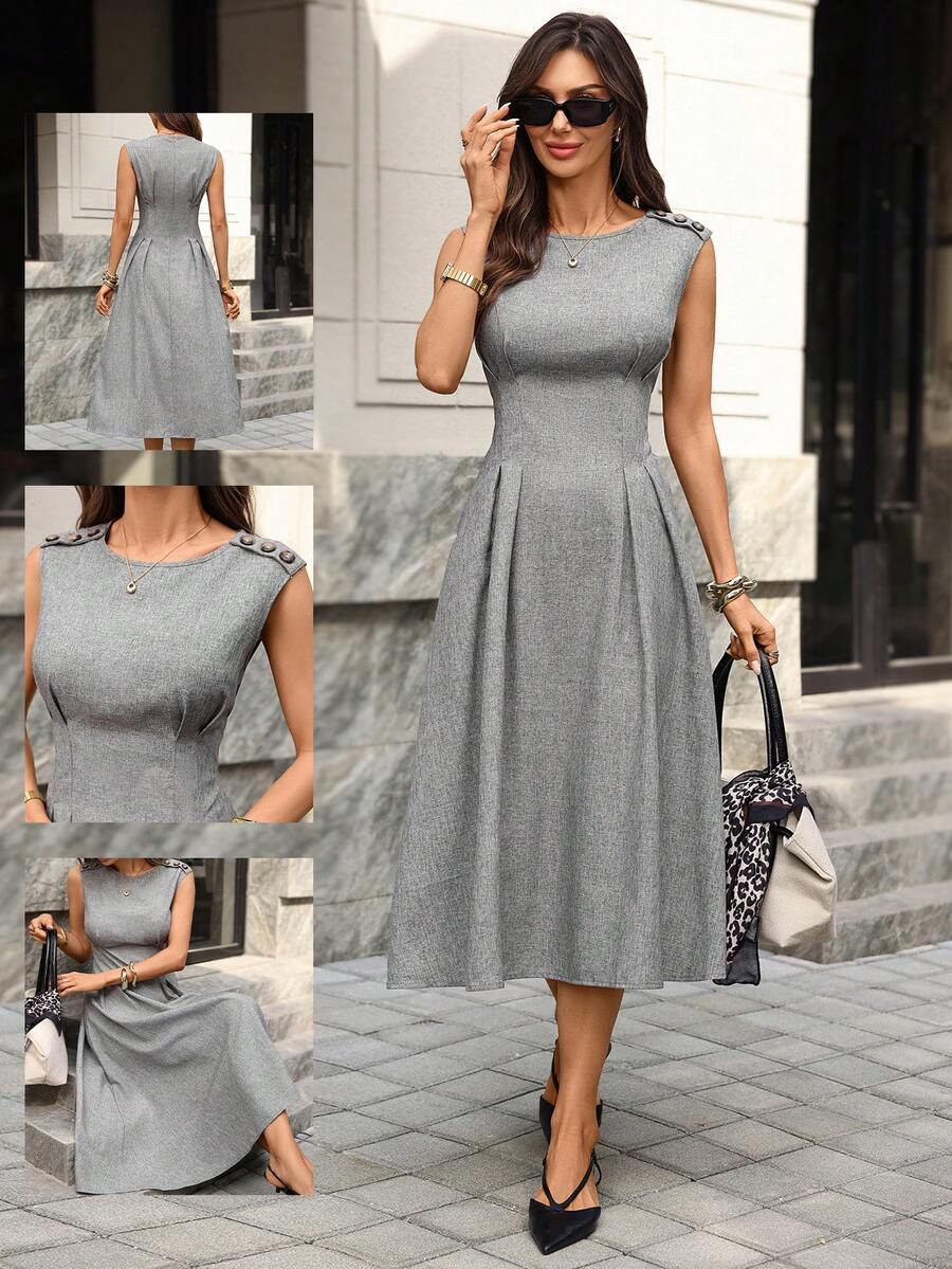 Editum Đầm chữ A không tay, thắt eo, có túi, thanh lịch dành cho nữ, chất liệu mềm mại như vải lanh, thích hợp cho công sở, giảng dạy và nhiều dịp khác.