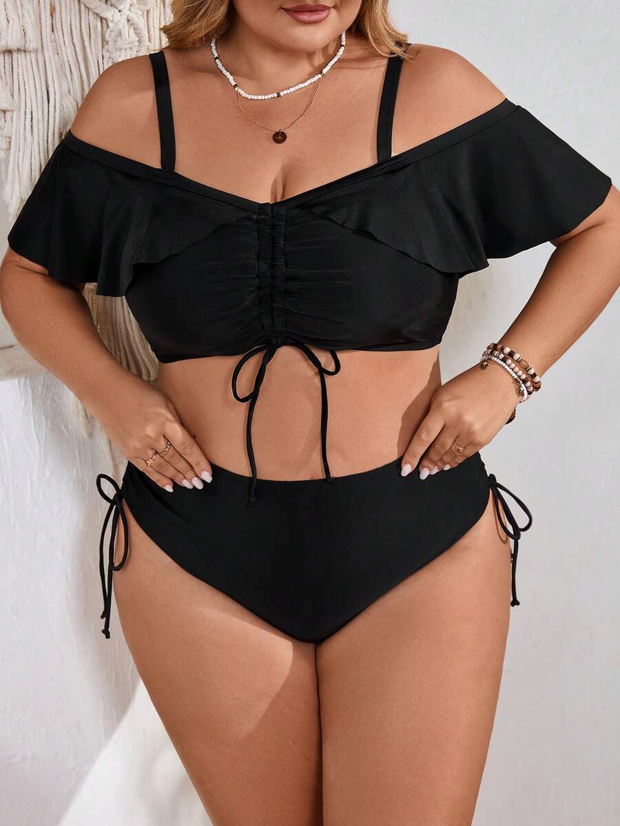 SHEIN CURVE+ 大码女士黑色荷叶边抽绳沙滩度假比基尼套装 - 黑色 - 查看 1