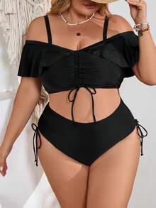 SHEIN CURVE+ 大码女士黑色荷叶边抽绳沙滩度假比基尼套装 - 黑色 - 查看 3