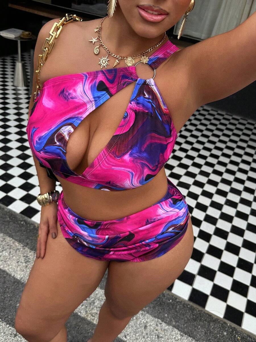 Slaydiva 2026 New Plus Size Women Fashion Marble Print Hollow Out Design Sexy Bikini Set - Multicolor - View 1