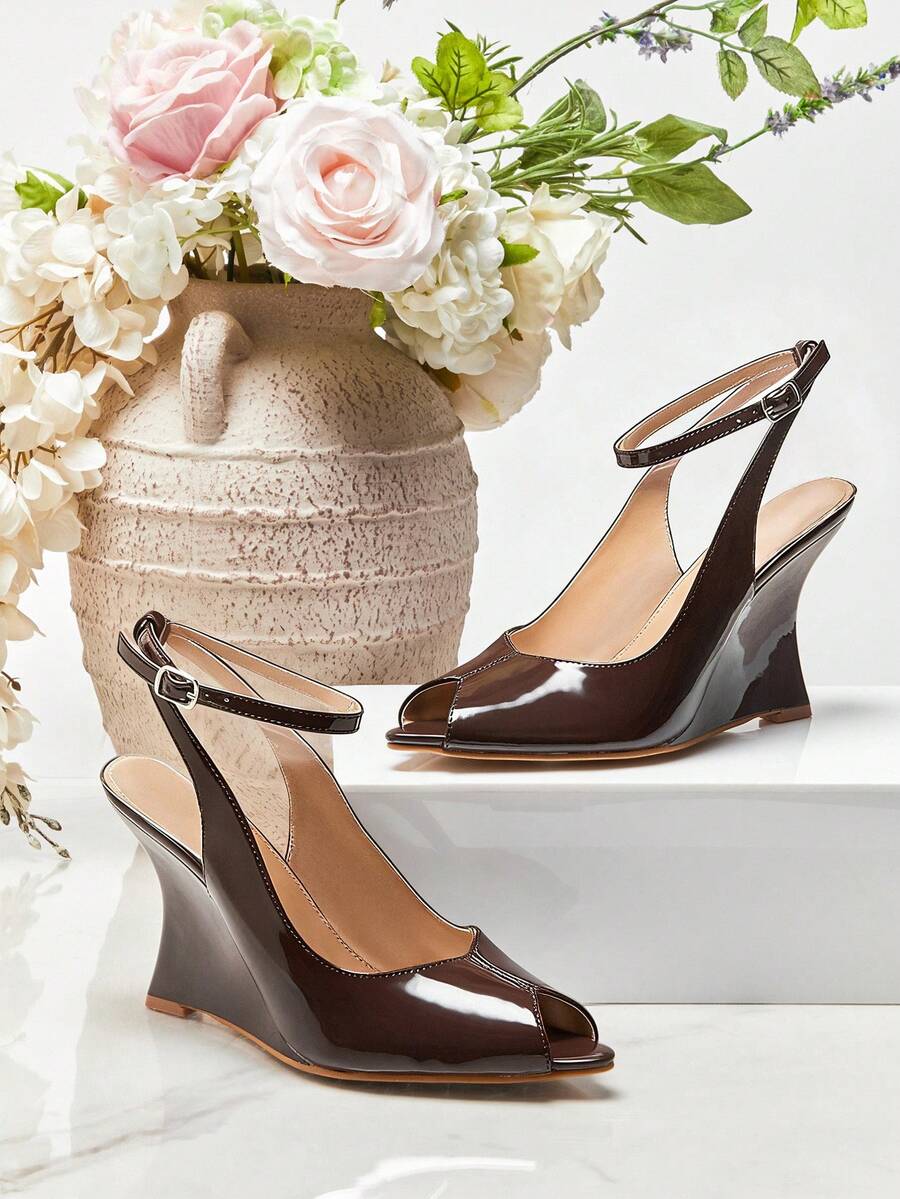 SHUZIA Ladies Peep Toe Ankle Strap Wedge Sandals - Chocolate Brown - View 1