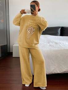 DAZY 2pcs Ice Cream Print Fleece Knit Loose Pajama Set For Women - Yellow - View 6