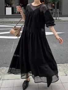 FRIFUL 女士拼接几何网纱圆领灯笼袖宽松休闲连衣裙 - 黑色 - 查看 3