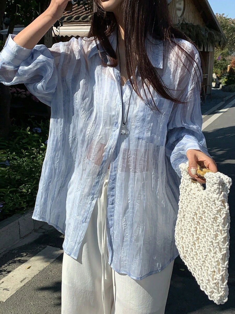 DAZY 女士长袖韩版清新多巴胺岛衬衫 春季 - 藍色 - 查看 1
