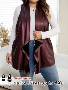 SHEIN CURVE+ Plus Size Burgundy PU Asymmetrical Waterfall Neckline Vest Regular Length Casual Coat - Burgundy - View 3