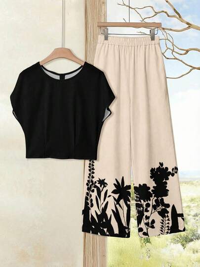 EMERY ROSE 2pcs Women's Casual Elegant Printed Short Sleeve Shirt Set, Versatile For Spring/Summer,Casual