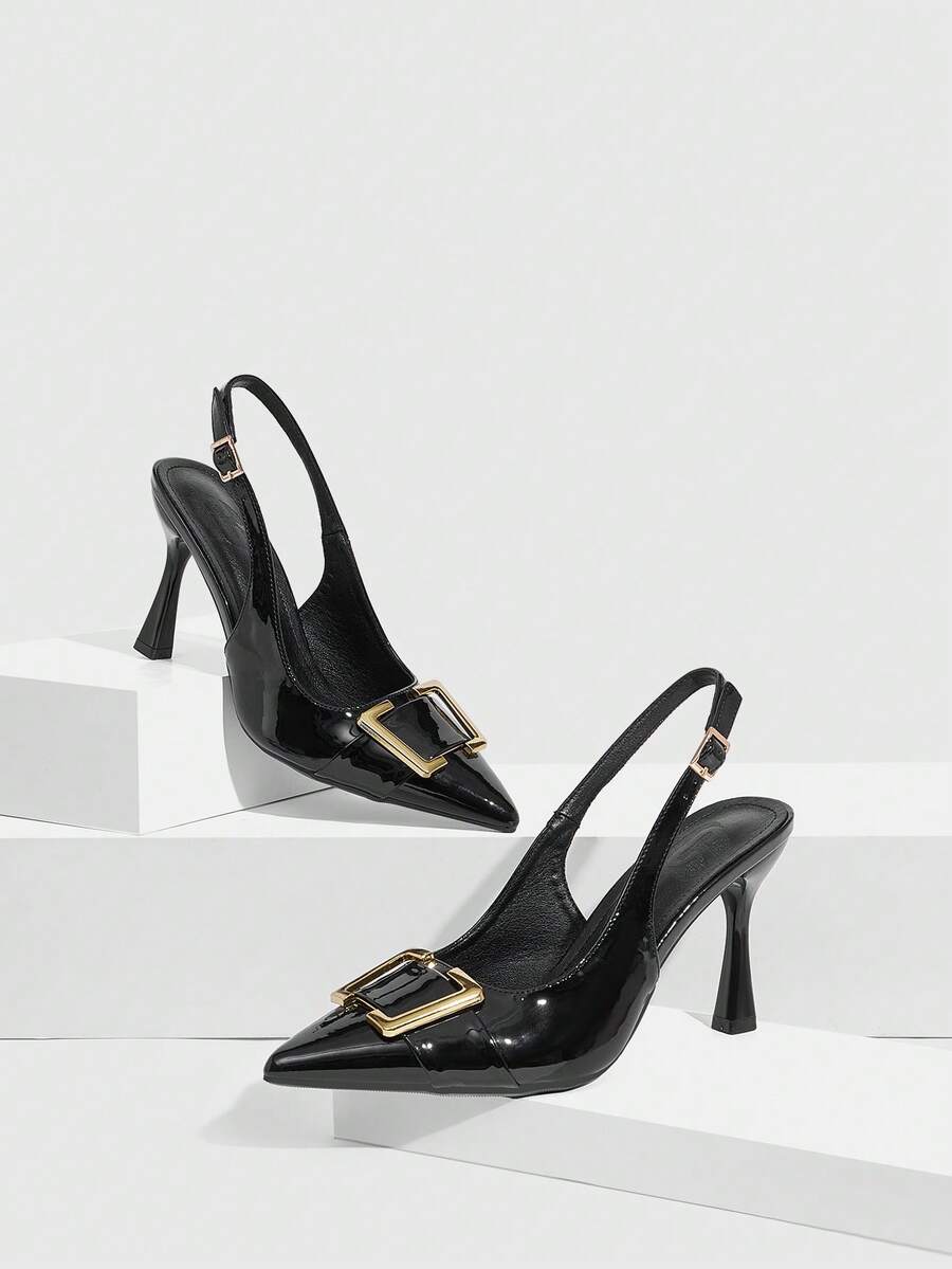CUCCOO SZL 女士尖头露跟高跟凉鞋，金属搭扣设计，性感百搭，适合通勤和夏季穿着 - 黑色 - 查看 1