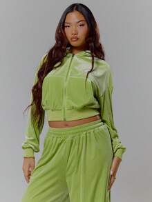 MUSERA Velour Hotfix Graphic Cropped Fitted Hoodie Tracksuit Top Only Streetwear Coolgirl Winter Sexy Casual Odd Drift - Green - View 5