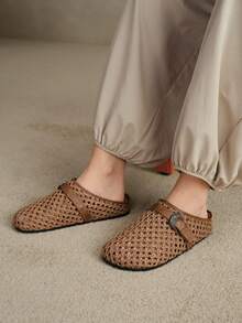 Solecia Women's French Style Versatile Hollow Woven Closed Toe Mules, Breathable Mesh Slip-On Shoes For Commuting, Dating, Party, Wedding, Vacation - Khaki - View 3