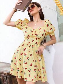 Breezaya Cherry Print Puff Sleeve Casual Summer Dress - Yellow - View 1