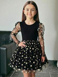 SHEIN 少女修身休闲简约舒适圆领套头A字连衣裙，带泡泡袖 - 黑色 - 查看 3