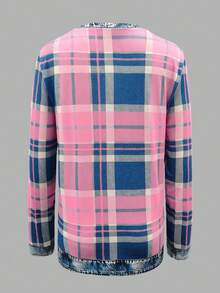 EMERY ROSE Plus Size Casual Plaid Patchwork Long Sleeve T-Shirt, Autumn