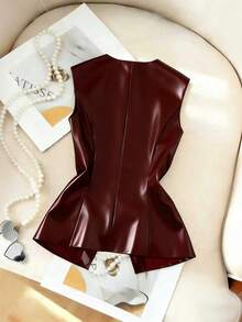 Franclia New Autumn Burgundy PU Vest Jacket For Women, Fashionable Commuter Suit, Street Style, Elegant Blazer, Metal Button Top, Commuter, Business - Burgundy - View 2