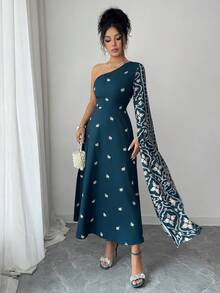 Al Najma Women's Floral Print Dress With Elegant Long Sleeve & One Shoulder Design - Multicolor - View 4