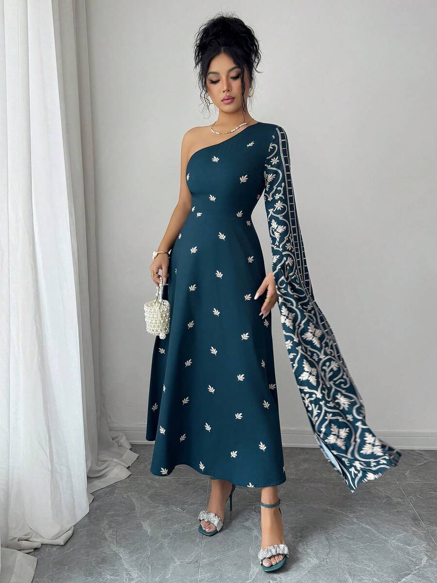 Al Najma 女士印花连衣裙，优雅长袖单肩设计 - 彩色 - 查看 1