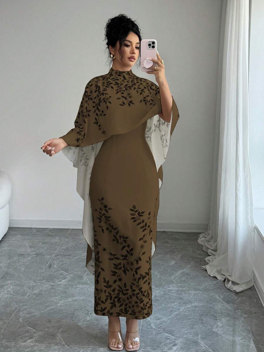 SHEIN Elenzya Elegant High Collar Floral Print Midi Dress With Cape - Coffee Brown - View 1