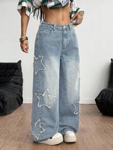 Coolane Damskie dżinsy typu raper Athleisure w stylu grunge z wzorem gwiazdy - Jasny jeans - Zobacz 6