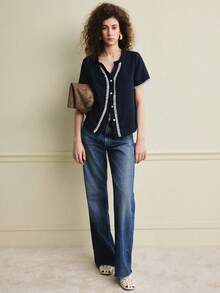 Écloséra 女士优雅衬衫，复古法式风格丝带装饰开衫衬衫，短袖衬衫，藏蓝色 - 藏蓝色 - 查看 2