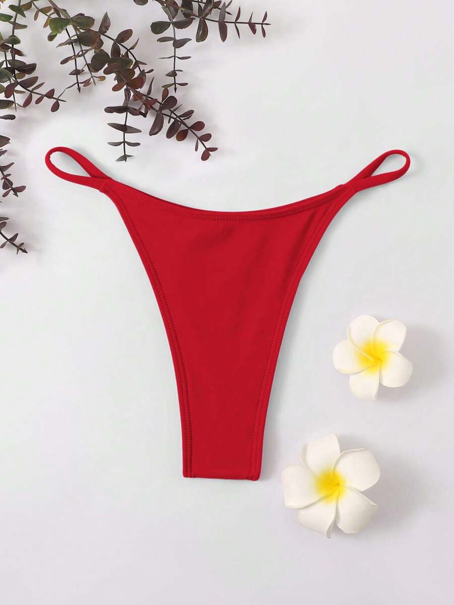 Swim Vcay Solid Color Minimalist Design Summer Fashion Bikini Bottom - Red - View 1